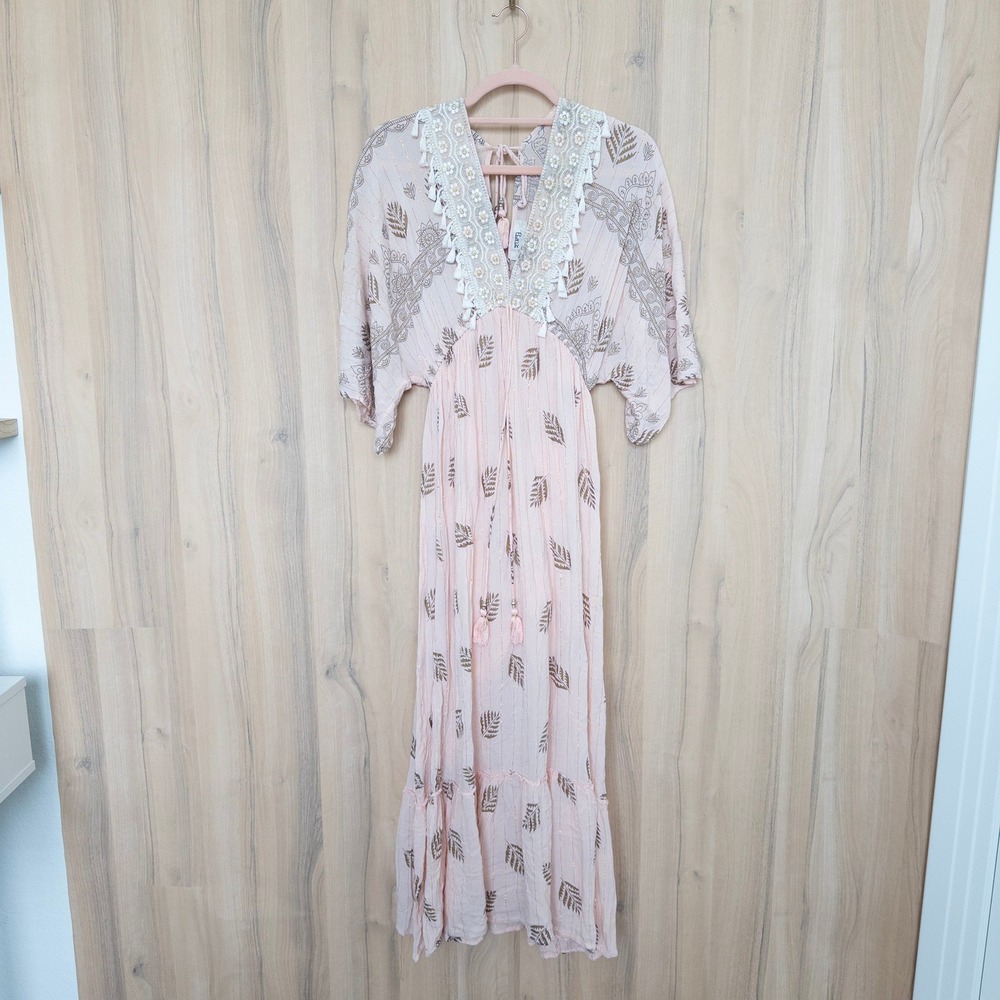 Zury Womens Floral Lace Maxi Dress OS Pink Embroidered Metallic Boho Festival